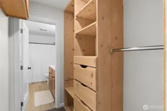 Built in shelving in the primary closet