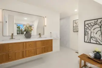 Spa-inspired bath with floating teak vanity and dual sinks