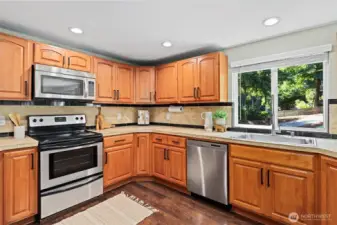 Stainless appliances & washing up with a view!
