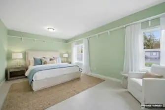 Virtually stage primary bedroom/ floors, and light fixture.