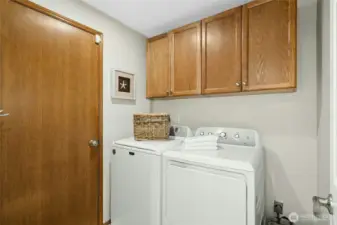 Utility room with cabinets and a door leading out to the garage.