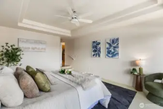 Primary has 2 steps down w/hand rails.