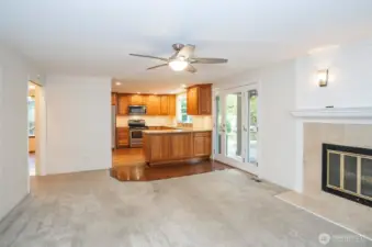 Another view of the family room with a view into the beautiful kitchen.
