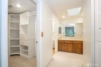 Primary bathroom featuring a spacious walk-in closet.