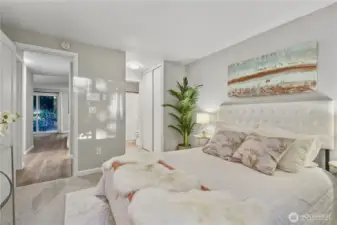 Generous walk-in closets; corner adjacent to the bathroom.