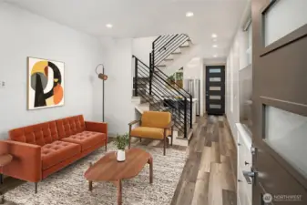 Main floor virtually staged with kitchen in background.