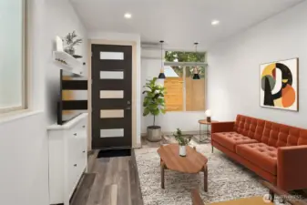 Main floor virtually staged with front door in back ground.