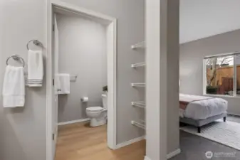 Linen storage and private bathroom