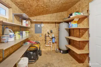 Heated  storage room with generator and water systems.
