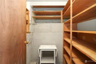 A fully shelved room in the basement once dubbed "The canning room".