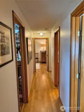 Warm laminate floors run throughout home