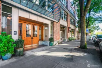 Leafy lobby entrance.