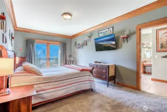 Primary bedroom on the main floor has crown molding, French doors to the deck (perfect place for a hot tub), & 2 large walk in closets.