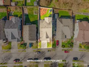 Aerial view highlighting approximate property lines.