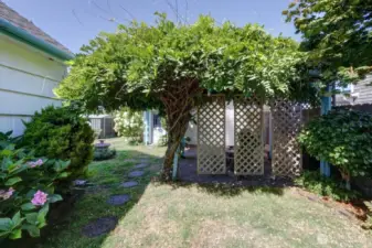 Fully fences yard with mature landscaping