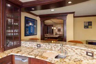 Wet bar looking into the wine cellar and tasting room
