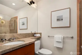 This bathroom features a tiled shower to the right and is the common bathroom for the downstairs.