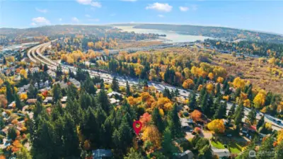 Drone with the home area marked, looking towards Lake Washington