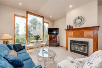 The living room features a propane fireplace and wall of windows.