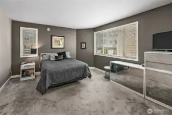 Primary bedroom, offers a walk-in closet, large bathroom and plenty of cabinets for storage.