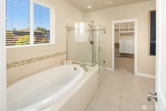 NW package upgrades includes large tub, frameless shower, extended tile and vanities