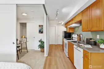 The oversized sliding doors can close to create a separate room, although it is officially a Studio Unit.  There is a coat closet/linen closet next to the front door. Just to the L of the closet is the bathroom.