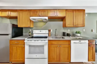 Kitchen Cabinets are real wood, updated in 2014, with fresh counters as well. Fridge is brand new.