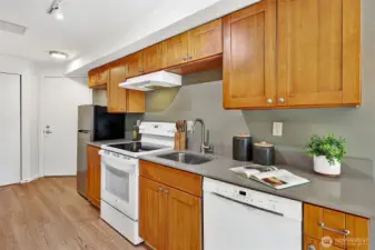 Quartz counters and undermount sink complete the stylish kitchen's upgraded feel.