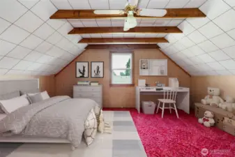 Upstairs Bedroom #4 Featuring Beamed Ceiling. Photo is virtually Staged.