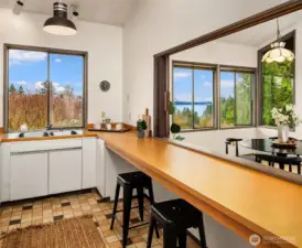 The kitchen features a pass-through window to the dining room, creating a seamless flow for entertaining.