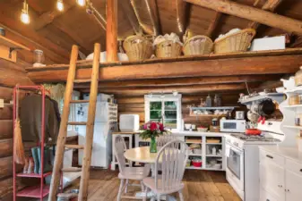 Kitchen view of this darling cabin. Loft has space for storage and another sleeping space.