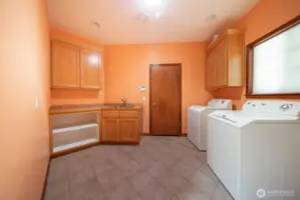 Large laundry room with access to garage
