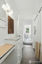 Enjoy vintage bathroom colors and Marmoleum floors.