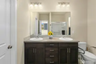 Primary bath with dual vanity sinks, door to right is a large walk in closet, and there is also a nice sized walk in shower.