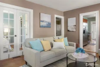 French doors open to 2nd bedroom or office space