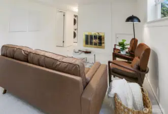 Family room with wood burning fireplace