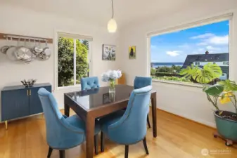 Enjoy your meals in the dining room with views of the Sound and Olympic Mountains.