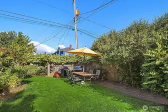 Beautiful landscaped backyard with grape bushes along the east fence line.