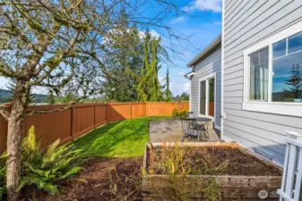 Two garden spaces, here and along the side of the house, await
