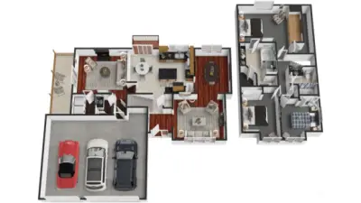 The 3D layout highlights the natural flow from the entry to the living and dining spaces, then into the kitchen and breakfast nook with direct access to the deck. Downstairs offers a flexible family room with covered patio access, and upstairs keeps the bedrooms together, anchored by a spacious primary suite, plus the convenience of a three car garage.