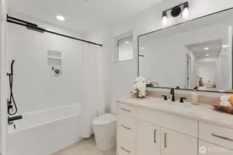 Main bathroom custom tile modern tub/shower