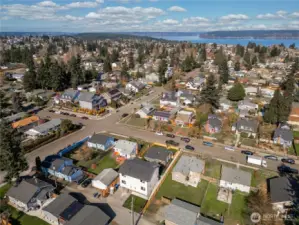 Aerial view highlighting neighborhood setting and proximity to amenities