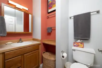 The guest bathroom. This is a full bathroom with a bathtub.