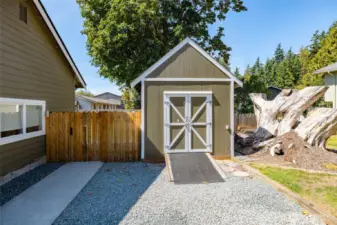 The shed has a ramp for easy access with your mower or storage items.