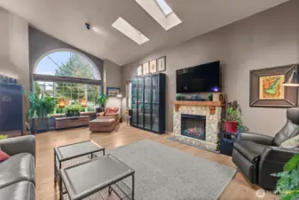 Electric fireplace unit coveys with the home!