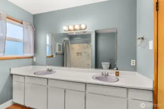 Spacious full bath featuring dual sinks, updated lighting and ample storage, a clean, refreshed design to serve the household with ease.