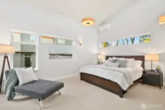 Primary ensuite upstairs is tranquil and zen. Separated from the rest of the rooms upstairs