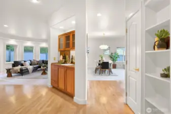 Storage closet and shelves for valuables and displaying trinkets.