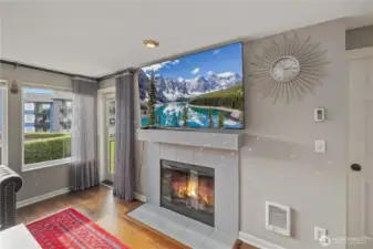 Cozy wood burning fireplace.