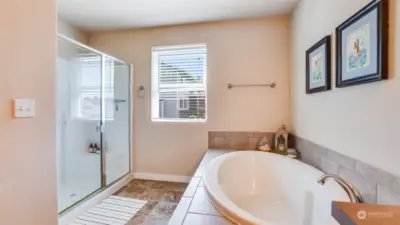Relaxing soaking tub and a large walk-in shower.